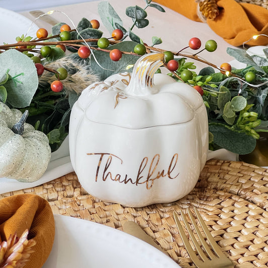 "Thankful" White Pumpkin Decorative Bowl