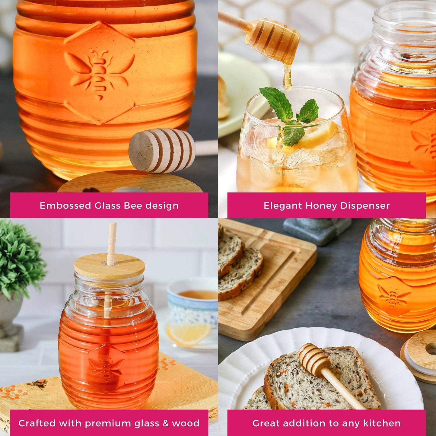 Glass Bee Honey Jar & Dipper Set (2 Lids and Dippers)