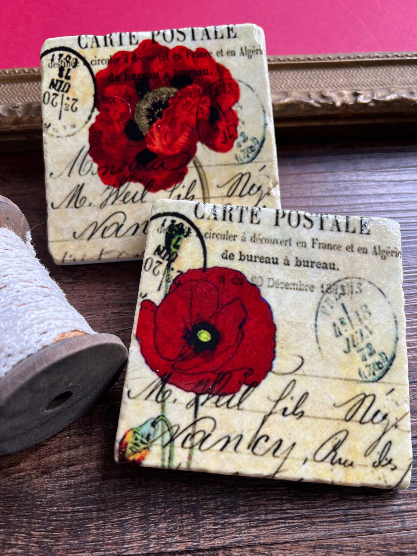 Red Poppies Stone Coasters - Set of 4