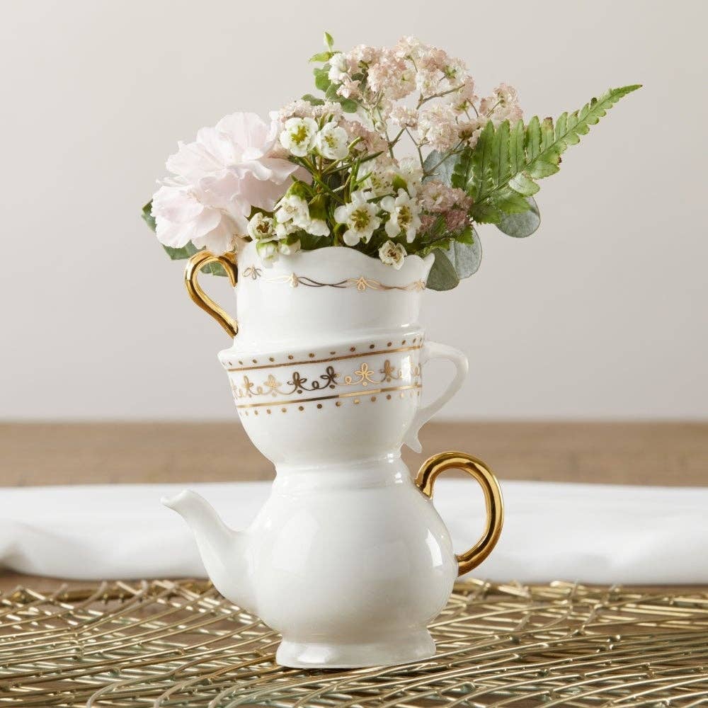 Tea Time Whimsy Ceramic Bud Vase