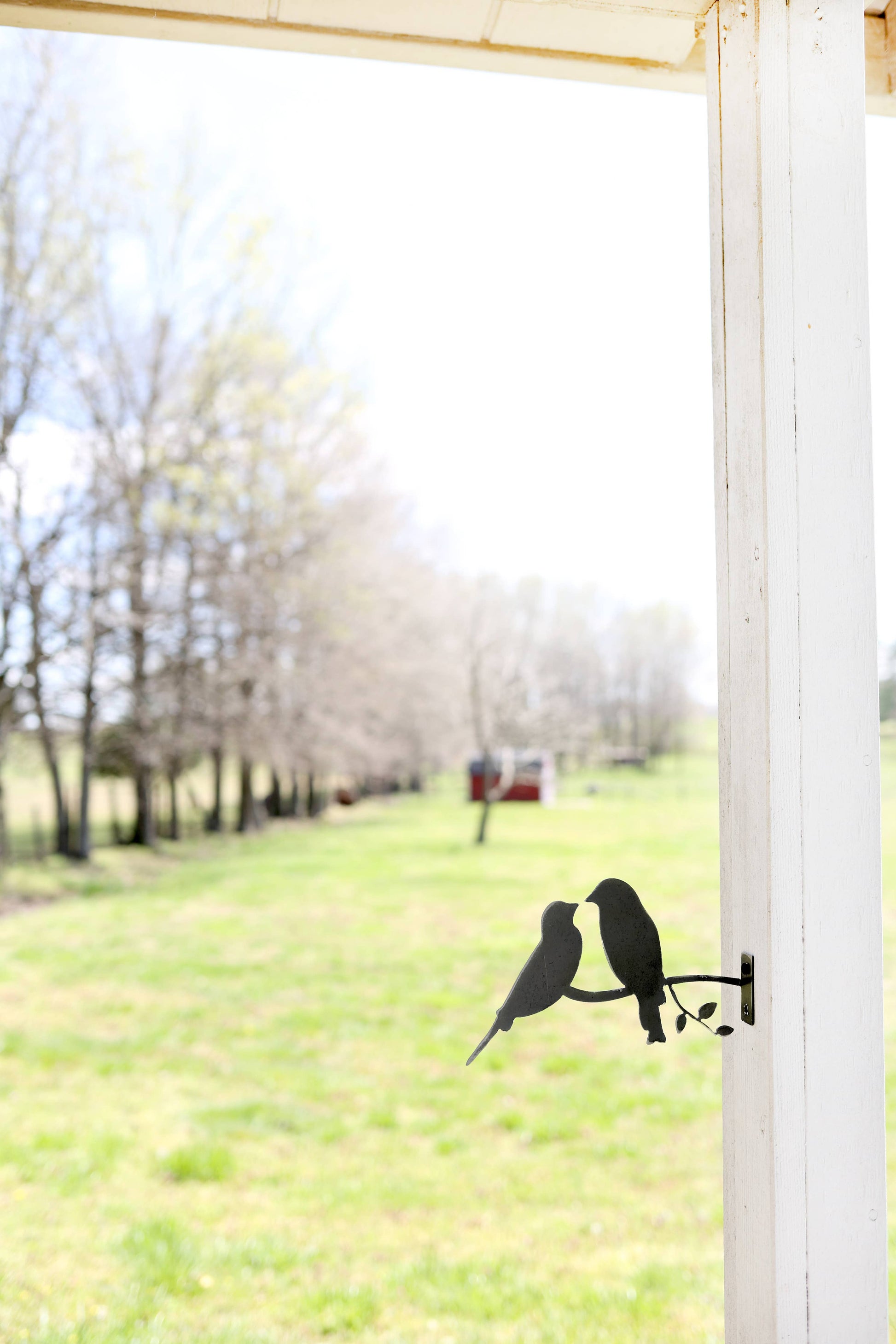 Decorative metal birds on a branch attached to a window with a view of a grassy field and trees.