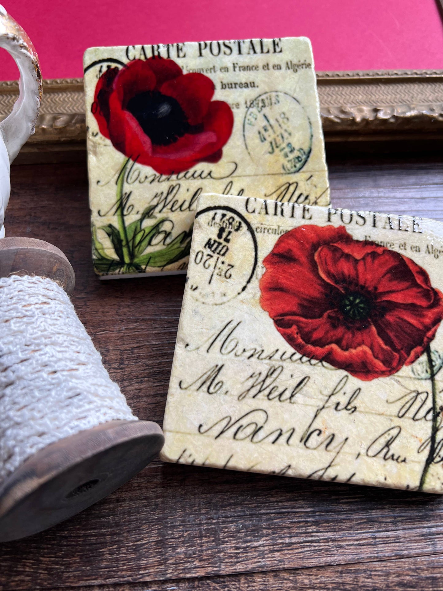 Red Poppies Stone Coasters - Set of 4