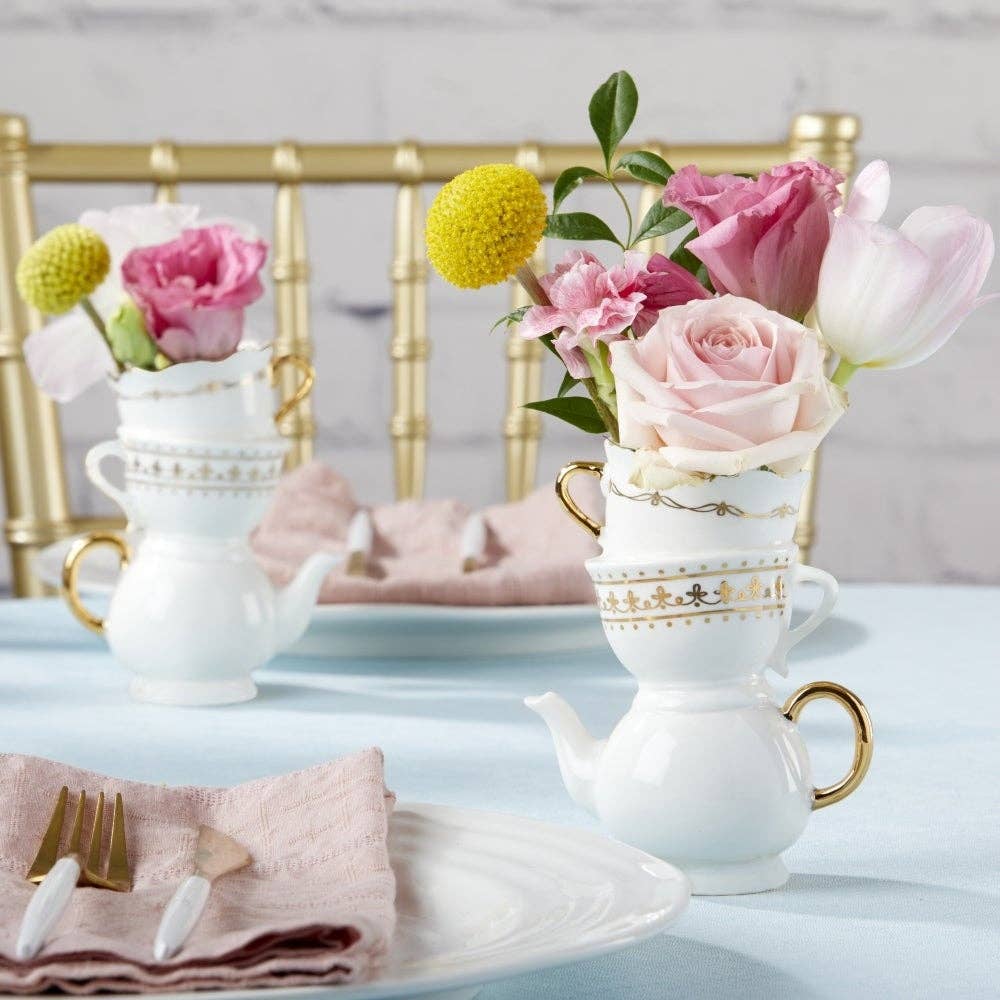 Tea Time Whimsy Ceramic Bud Vase