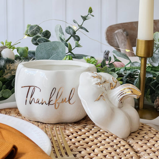 "Thankful" White Pumpkin Decorative Bowl