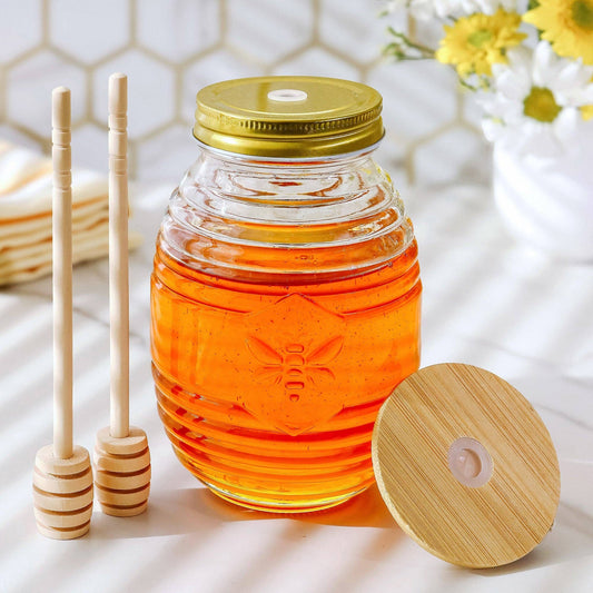 Glass Bee Honey Jar & Dipper Set (2 Lids and Dippers)