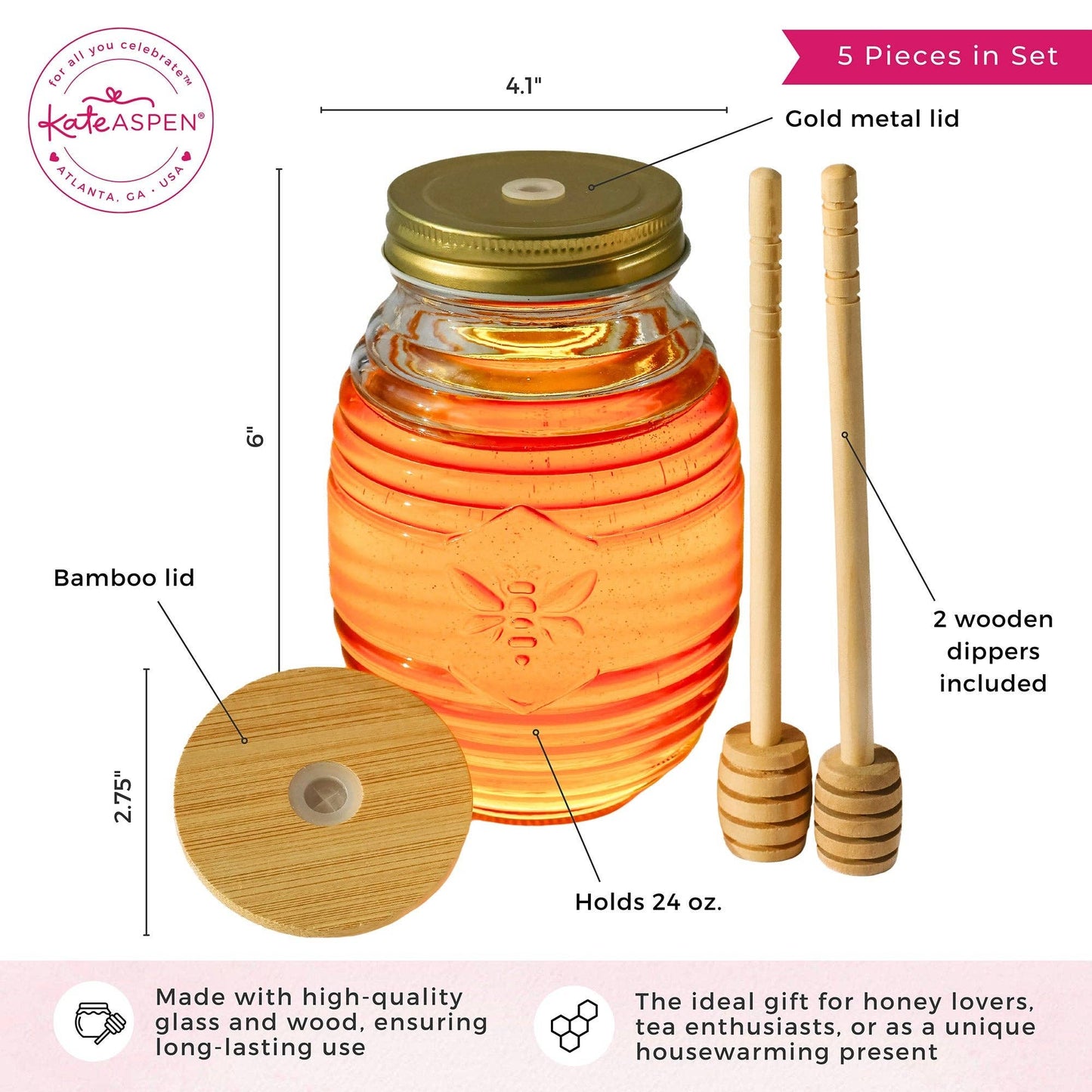 Glass Bee Honey Jar & Dipper Set (2 Lids and Dippers)