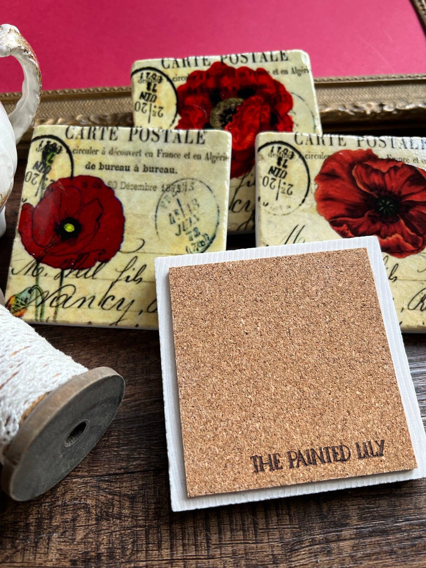 Red Poppies Stone Coasters - Set of 4