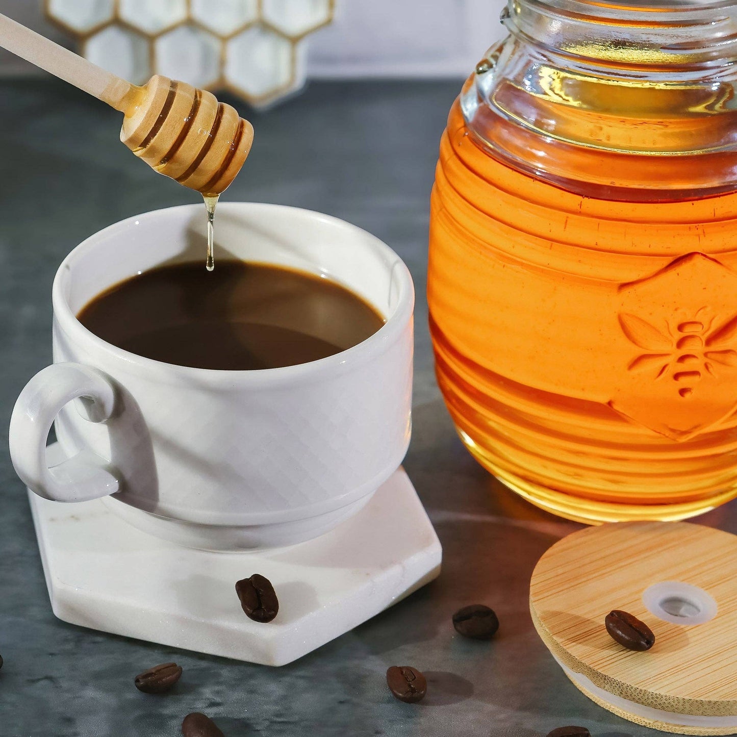 Glass Bee Honey Jar & Dipper Set (2 Lids and Dippers)