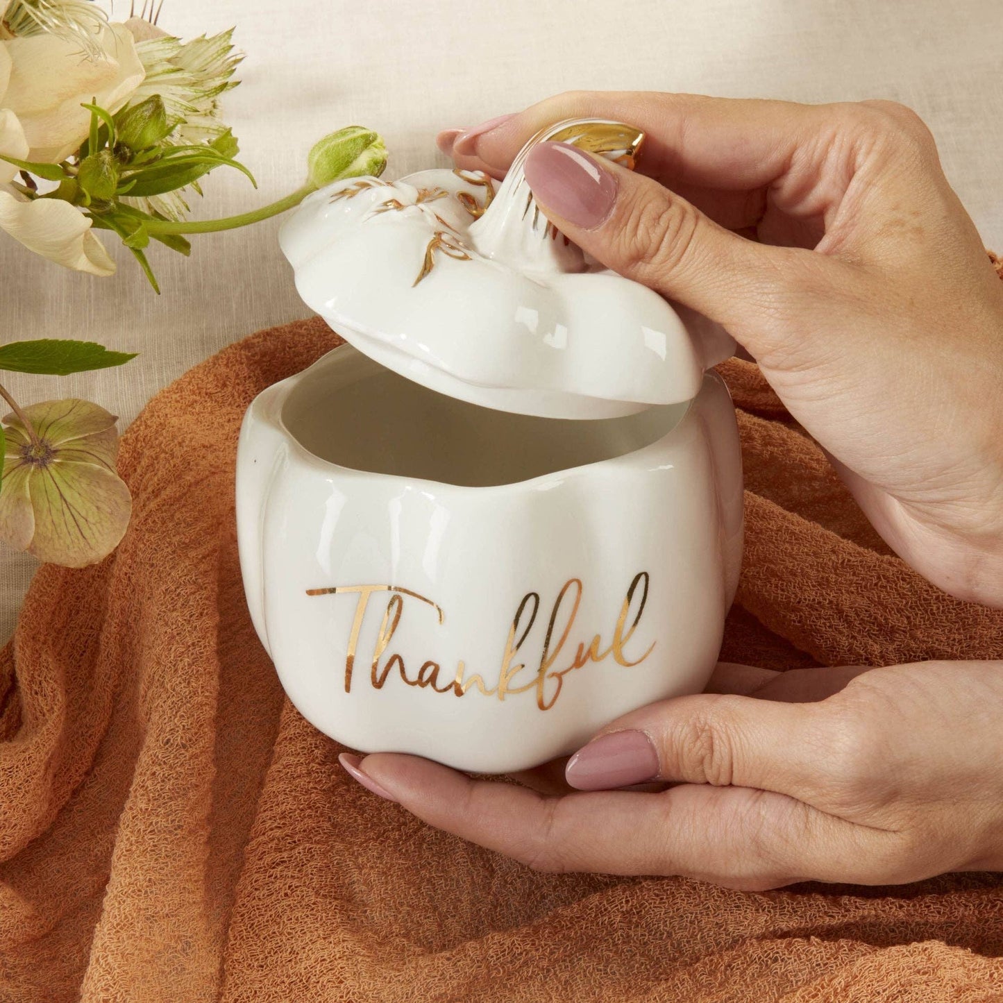 "Thankful" White Pumpkin Decorative Bowl