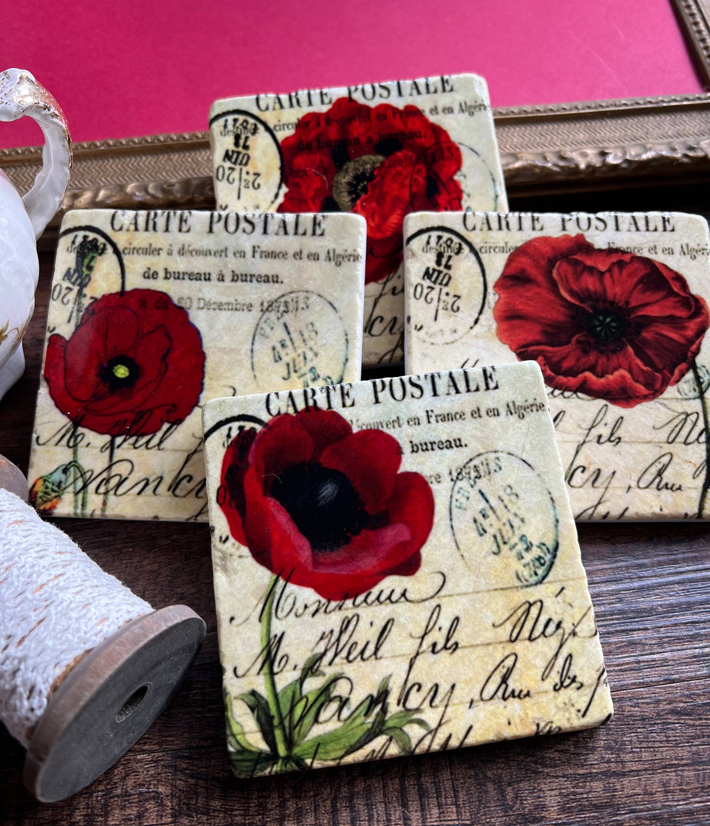 Red Poppies Stone Coasters - Set of 4