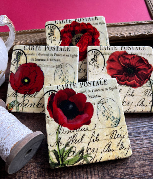 Red Poppies Stone Coasters - Set of 4