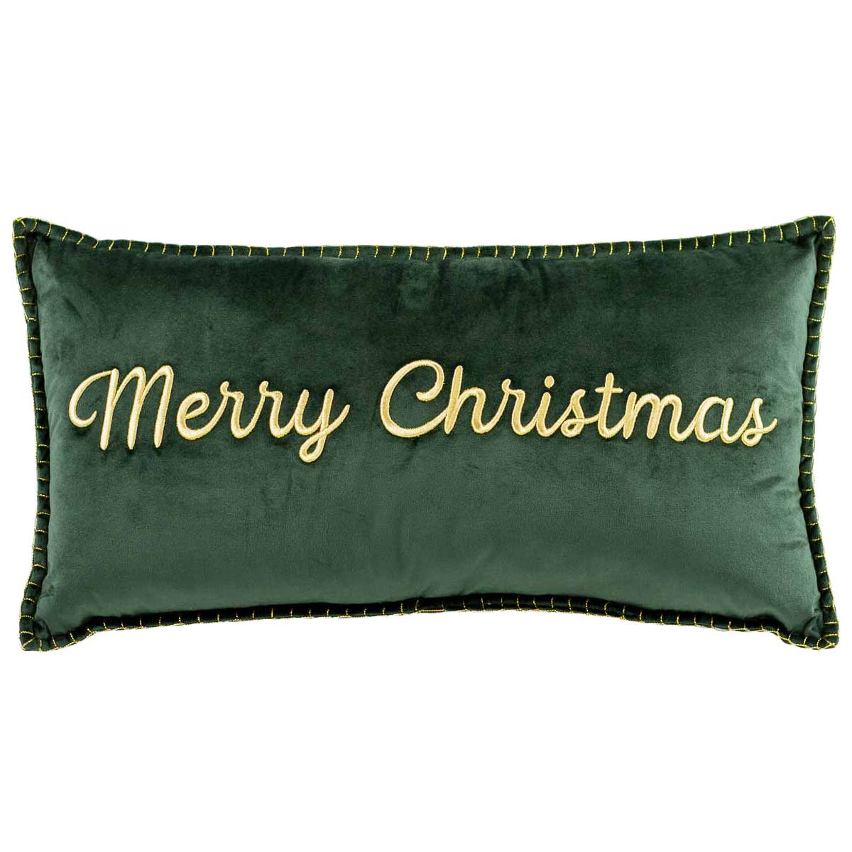 Merry Christmas Embroidered Pillow | Dark Green/Gold (13"x24")