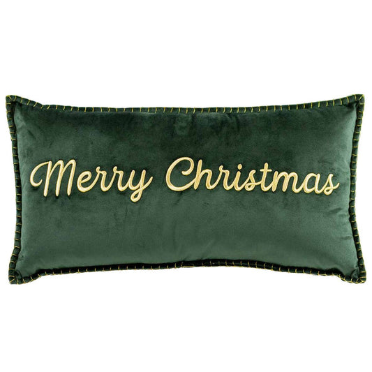 Merry Christmas Embroidered Pillow | Dark Green/Gold (13"x24")